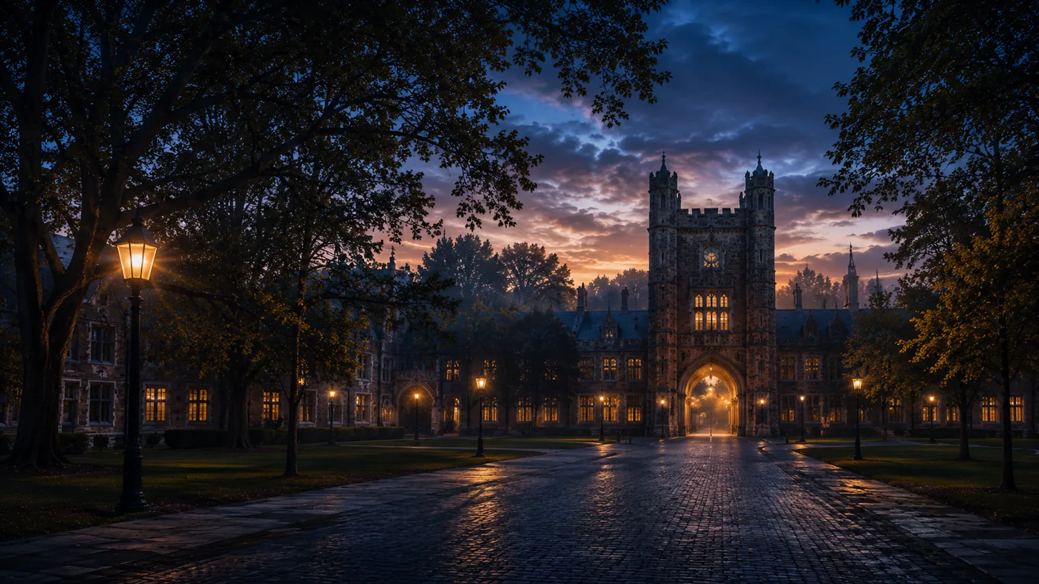 Illustrative university campus at evening